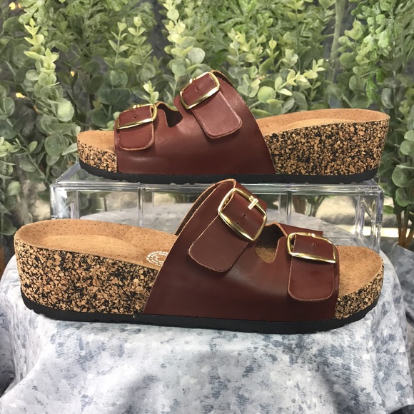 Sandalias Latinas SL Brown 2-Buckle Cork Bottom Platform Sandals WMS 6M☀️NEW☀️ - Picture 3 of 10